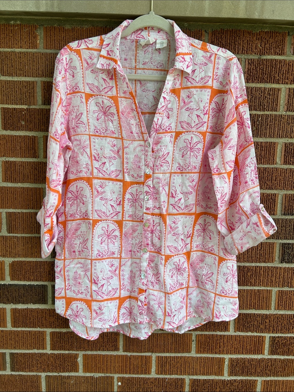 Linen Pink & Orange Floral Grid Button-Up Shirt